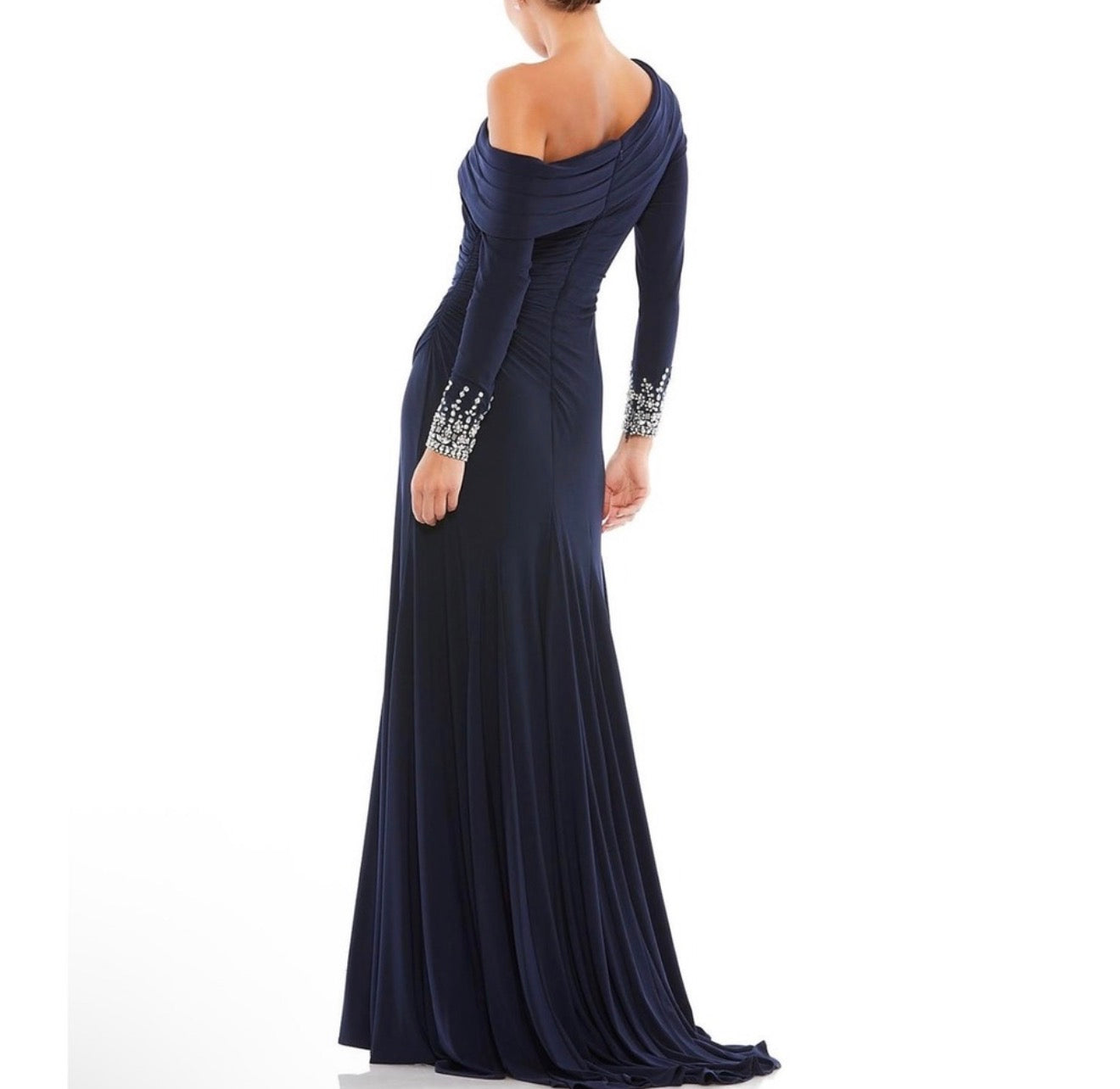 MAC DUGGAL  #12231 Beaded Cuff Drop Shoulder Faux Wrap Gown Navy Sz 8 $398