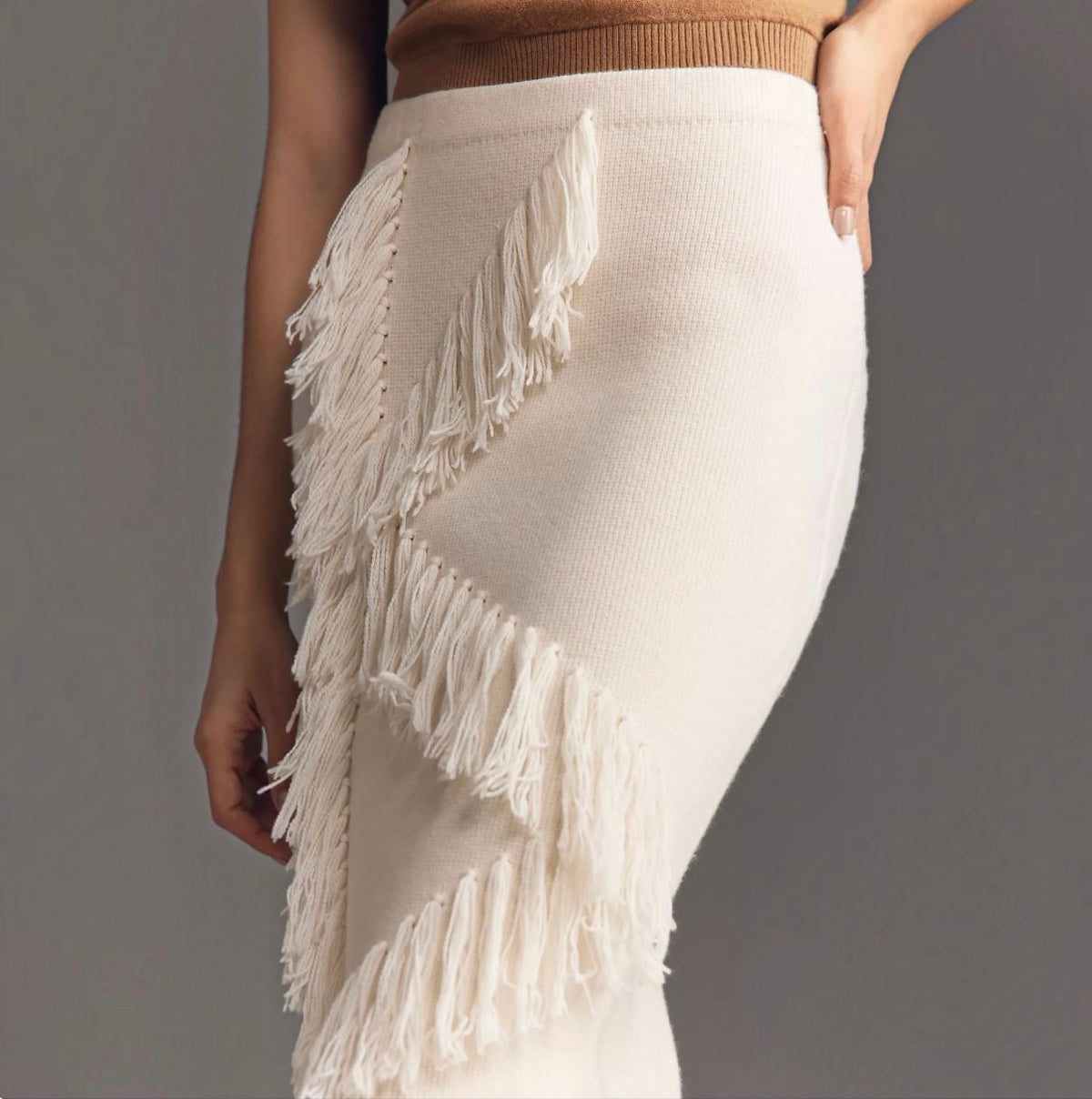 Derek Lam 10 Crosby Hestia Fringed Midi Sweater Skirt in Snow White Sz Medium