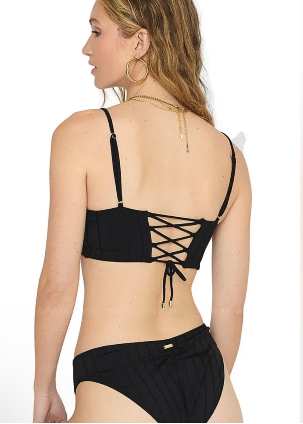 Beach Bunny Wendy Bralette Top - Black Shiny Wide Rib Corset Back XL $118