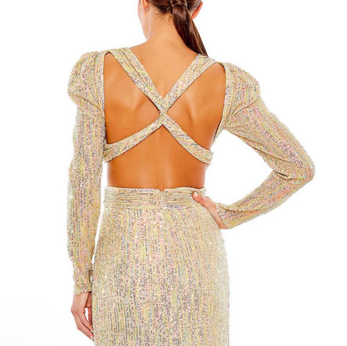 leena for Mac Duggal Metallic Puff Sleeve Front Twist Cut-Out Gown in Gold Sz 4 $298 27050
