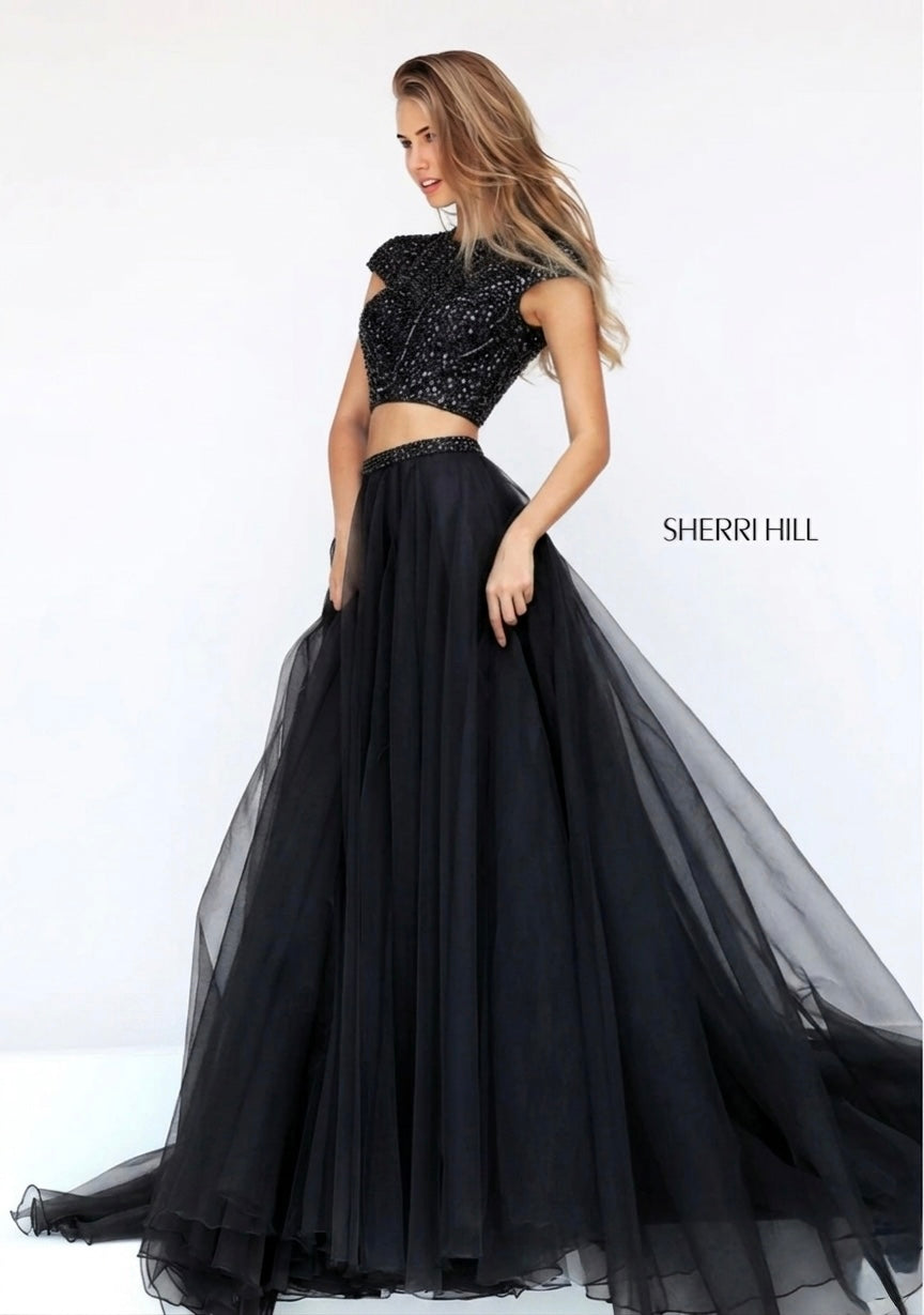 Sherri Hill 50561 Black Beaded Two Piece A-Line Organza Gown Size 2 $650