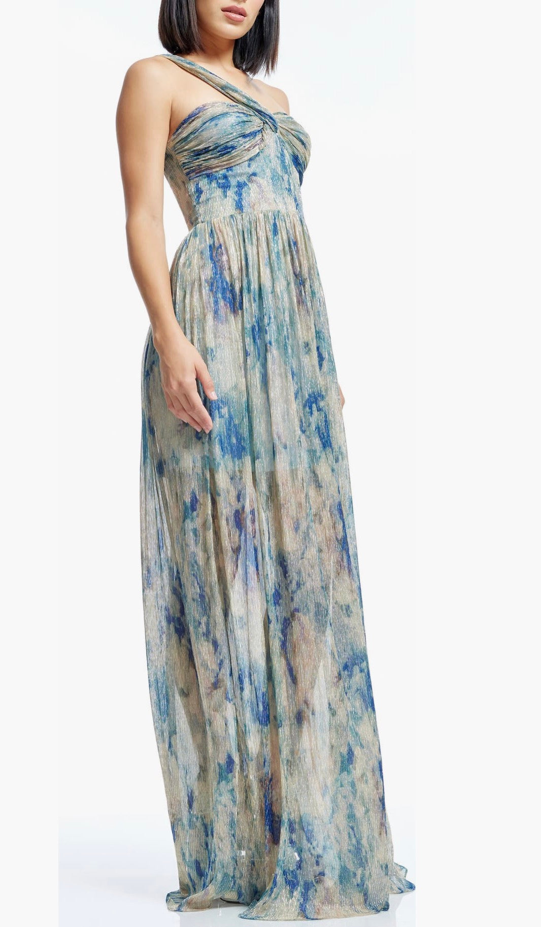 Dress the Population Idalia Metallic Abstract Floral Print One-Shoulder Gown Pale Blue Multi  XL