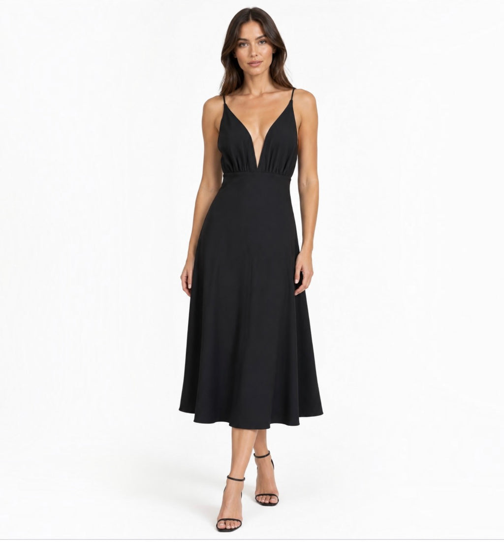 Rue Sophie Liana Plunging V-Neck Tea Length Dress Black Size Small