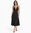 Rue Sophie Liana Plunging V-Neck Tea Length Dress Black Size Small