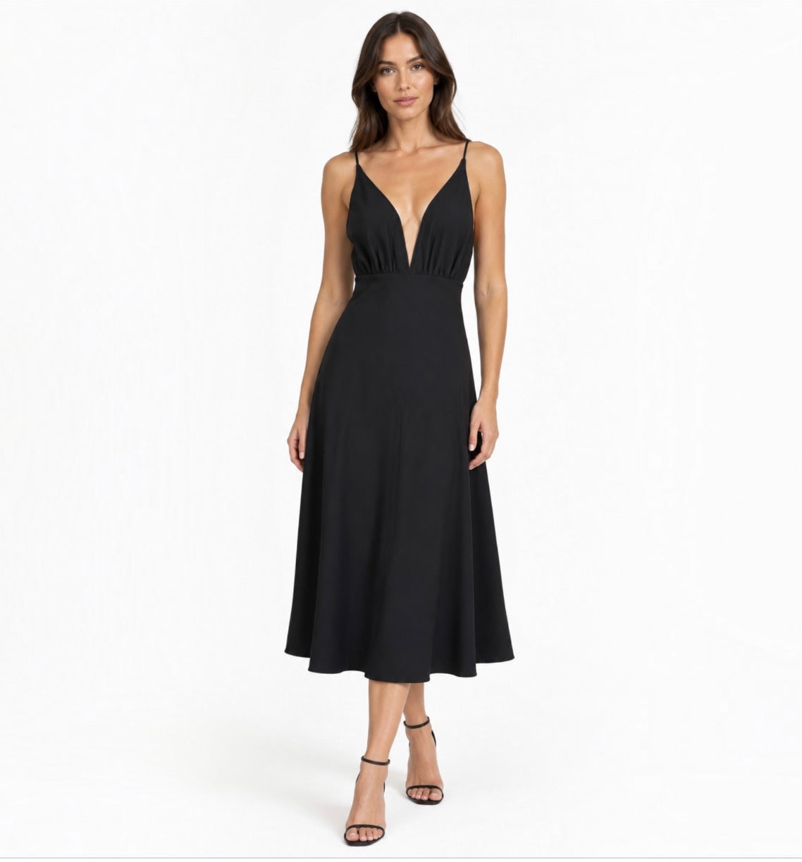 Rue Sophie Liana Plunging V-Neck Tea Length Dress Black Size Small