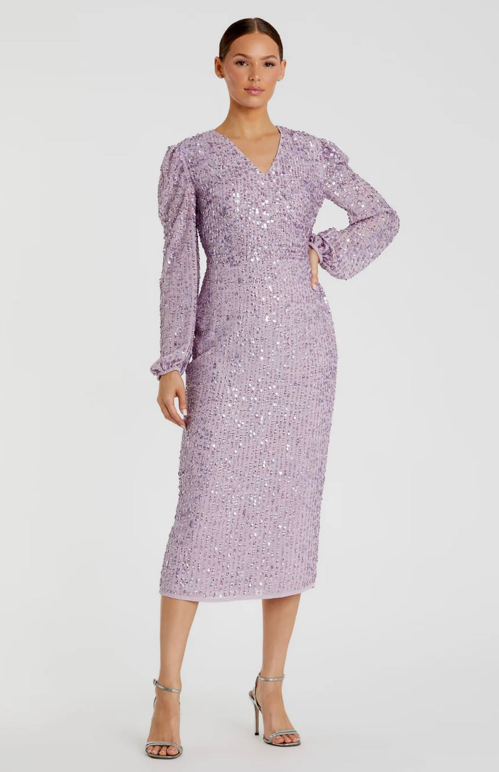 Mac Duggal
Lavender  Illusion Puff Sleeve V Neck Midi Dress 107641 $298