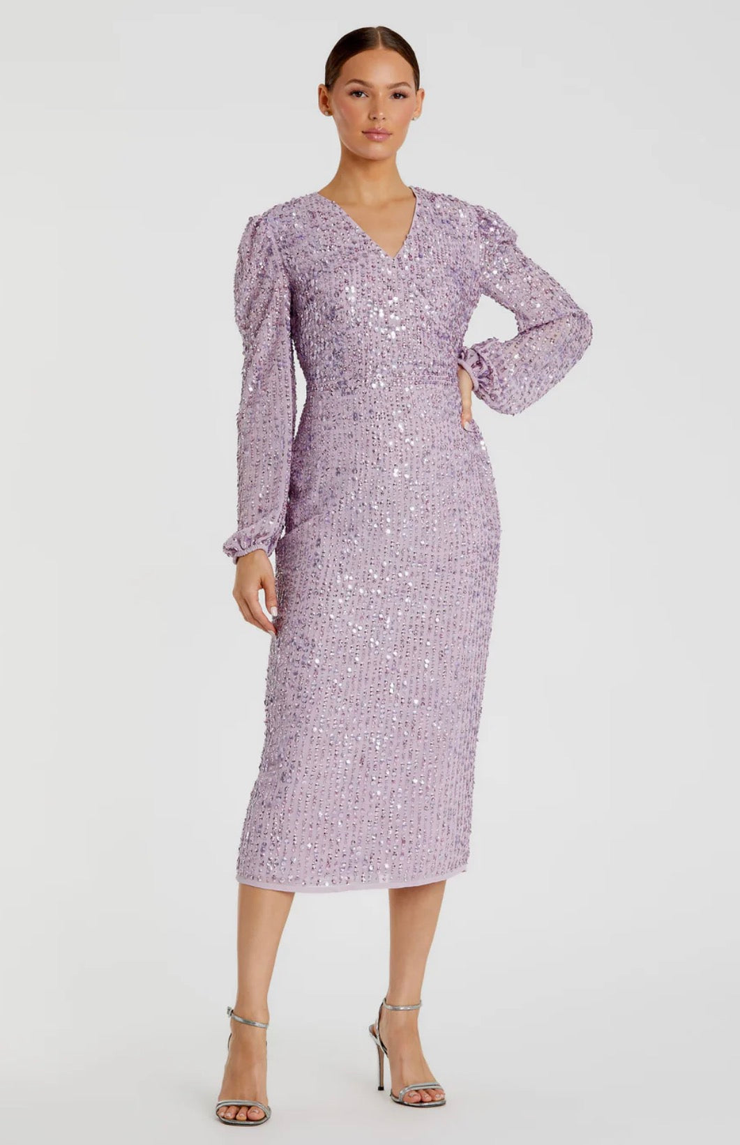 Mac Duggal
Lavender  Illusion Puff Sleeve V Neck Midi Dress 107641 $298