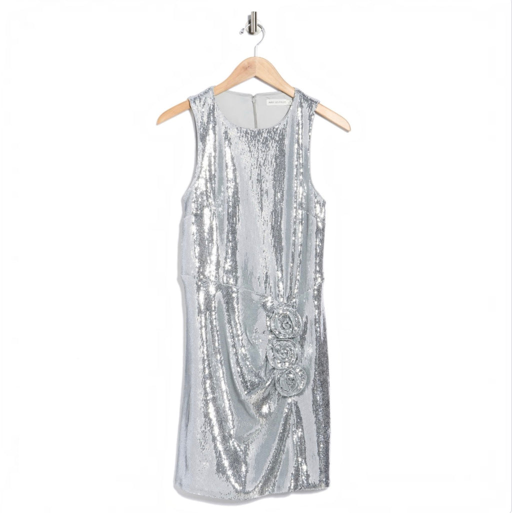 Avec Les Filles Rosette Sequin Sheath Dress Silver Size 2