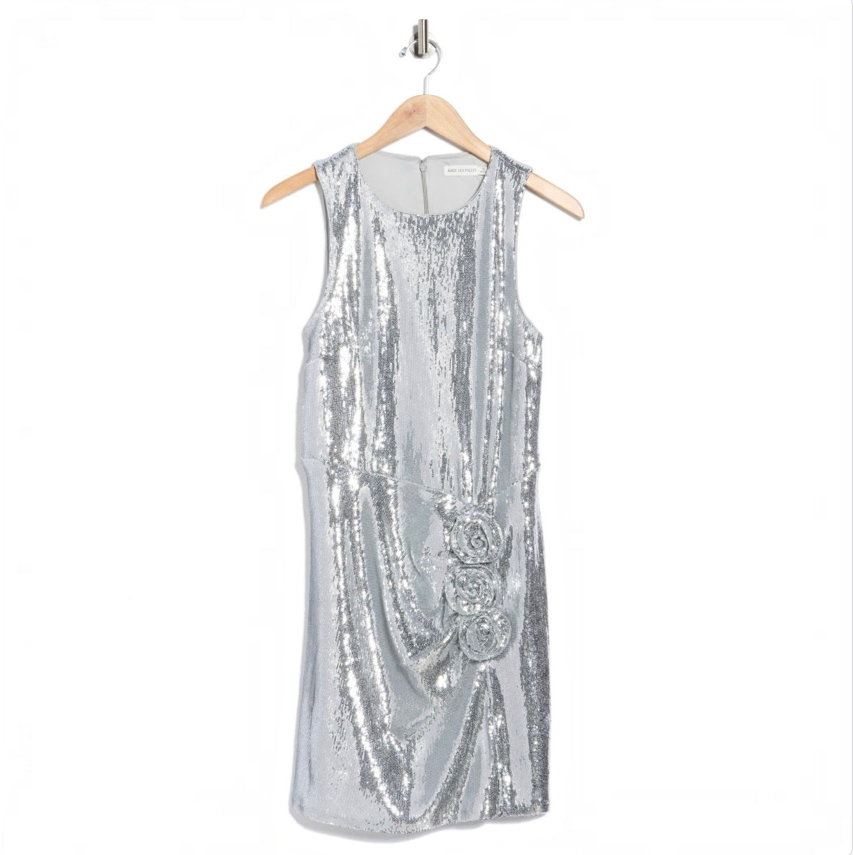 Avec Les Filles Rosette Sequin Sheath Dress Silver Size 2