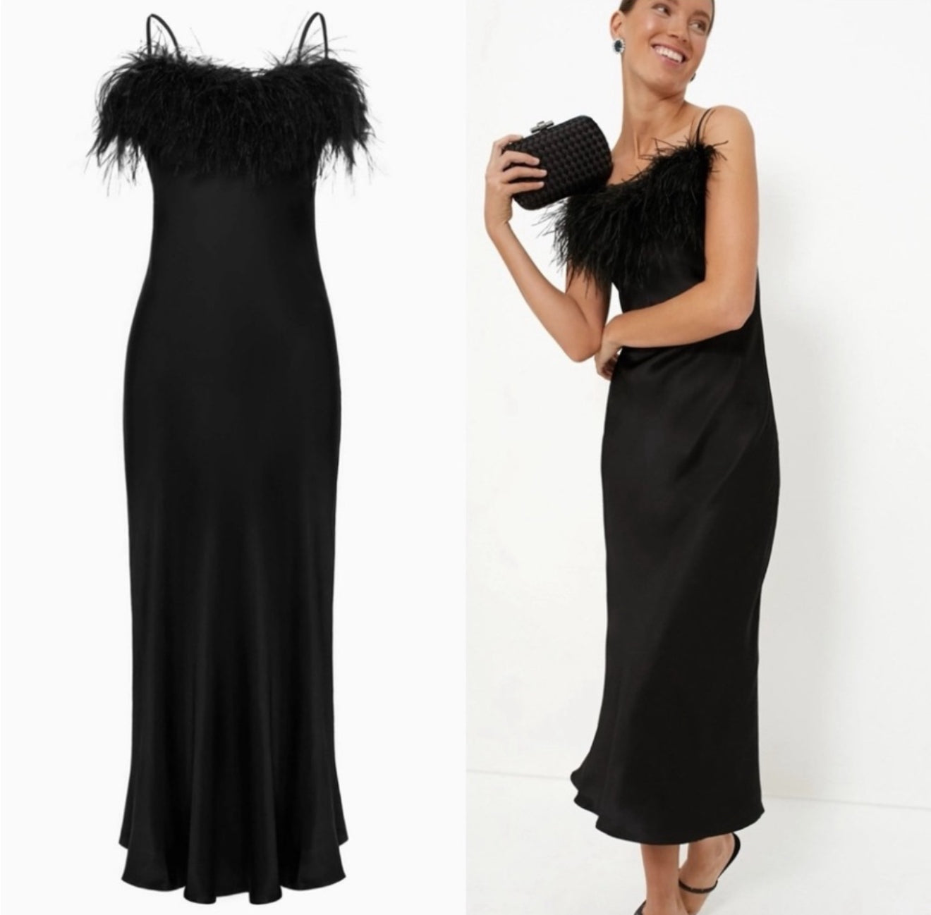 NWT SLEEPER Boheme Midi Slip Dress with Ostrich Feathers in Black Sz Small $350