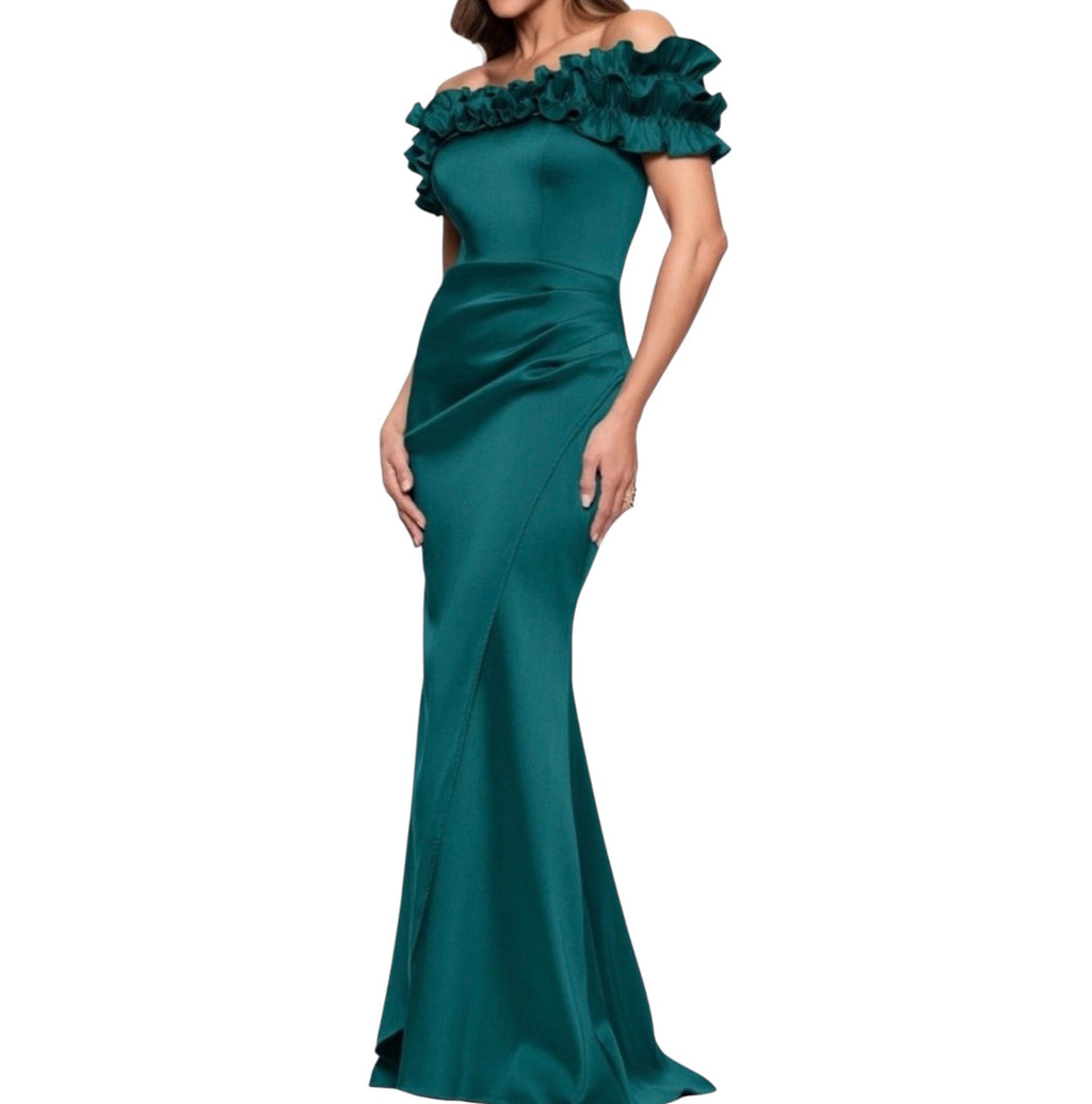 Xscape Hunter Green Off-Shoulder Ruffle Mermaid Formal Gown Size 14