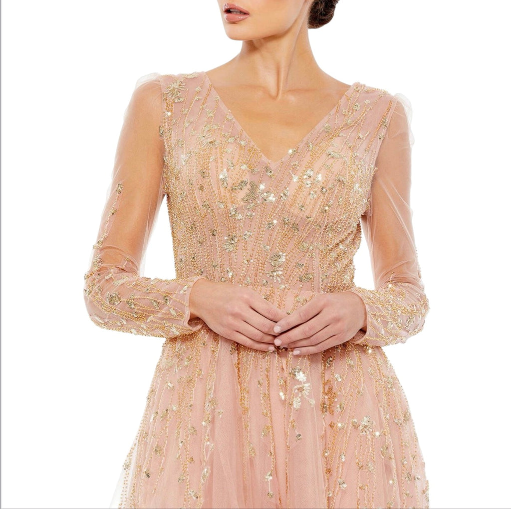 MAC DUGGAL 20295 Pink Champagne Beaded Long Sleeve Gown Size 14