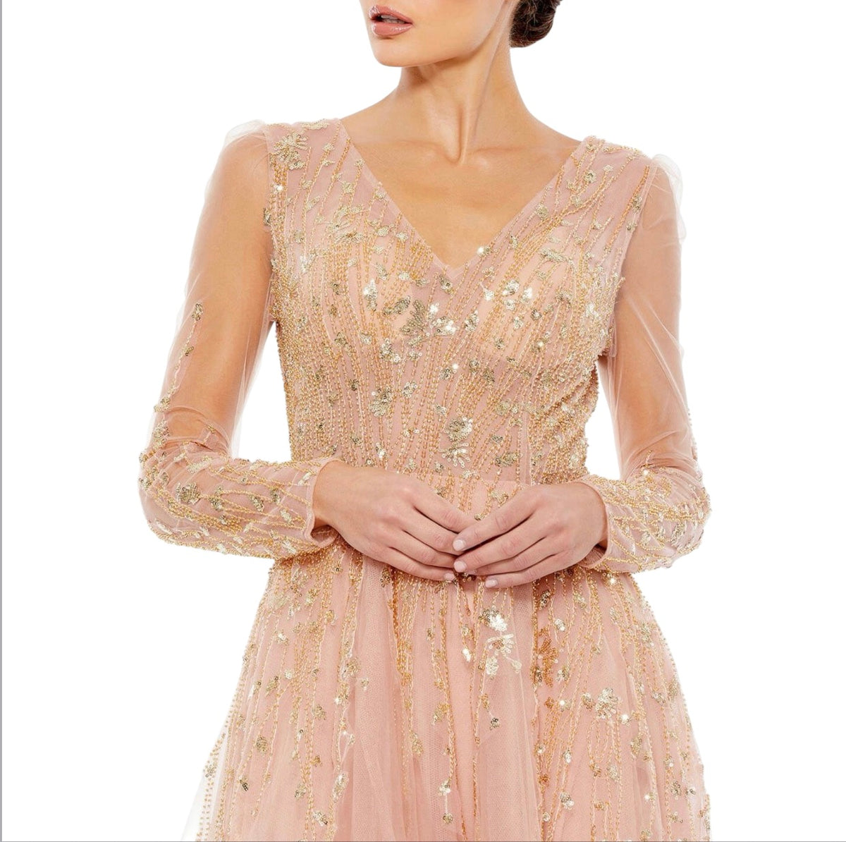 MAC DUGGAL 20295 Pink Champagne Beaded Long Sleeve Gown Size 14