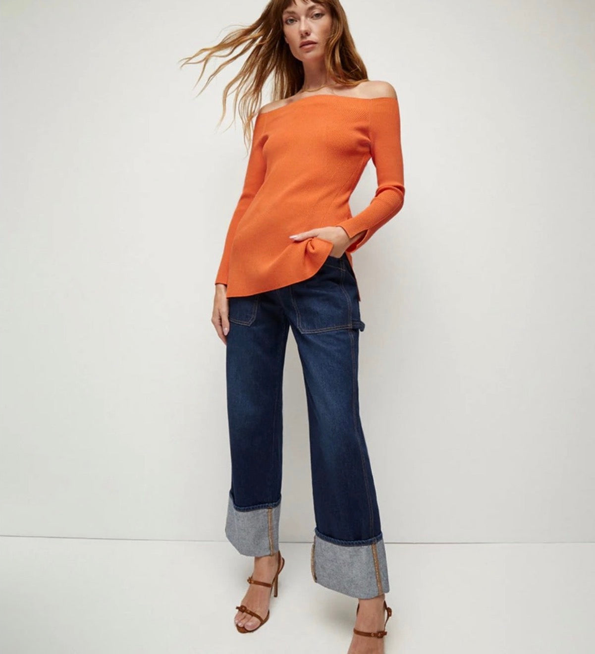 Veronica Beard Derick RibbedOff-Shoulder Pullover Deep Orange XS
$378