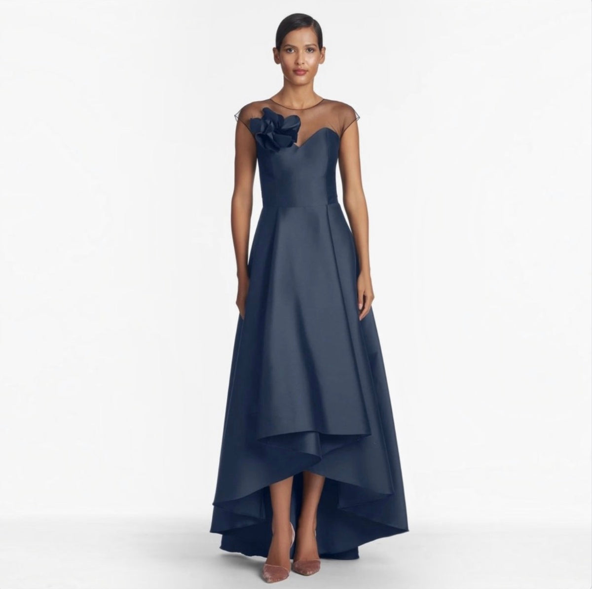 Sachin & Babi Blakely Gown Navy Hi-Lo Floral Detail Sz 14