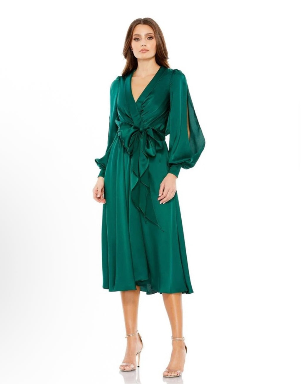 NWT Mac Duggal 49582 Collared Faux Wrap Bishop Sleeve Flowy Dress Emerald Sz 8 $