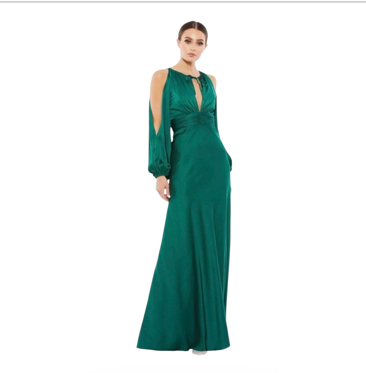 Mac Duggal 55397 Emerald Green Satin Cold Shoulder Keyhole
Gown Size 4