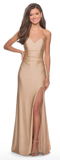 La Femme #28206 Cross
Back Satin Jersey Trumpet Gown Gold
Nude Women's Sz 8 $268