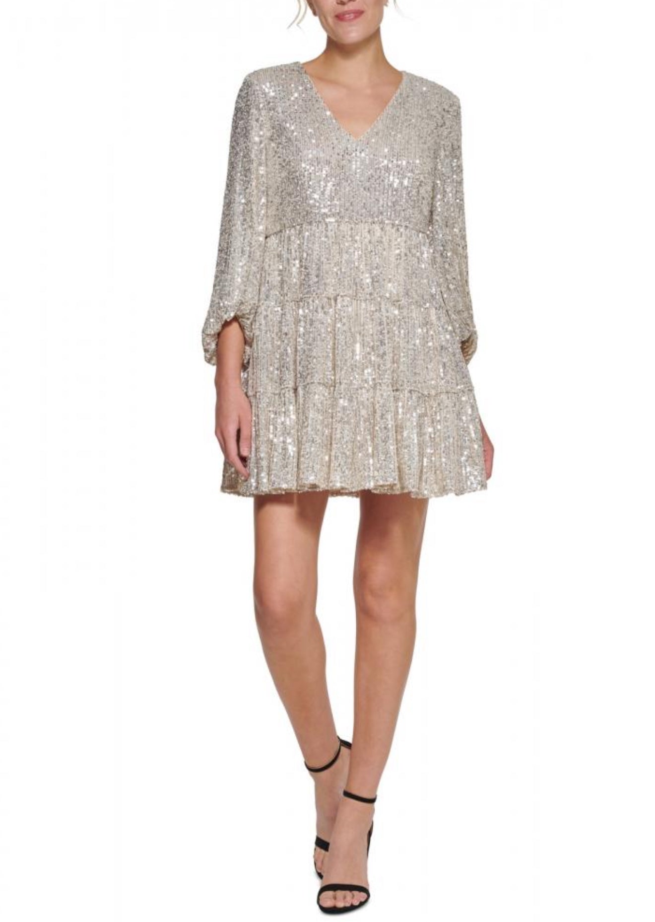 Eliza J Womens Sequin Tiered
Balloon Sleeve Fit & Flare Dress Silver Sz 10 $188