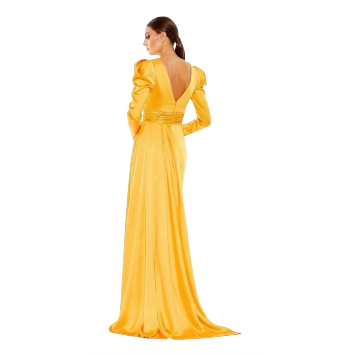 Mac Duggal 12404 V Neckline Long Puff Sleeves Maxi Column Gown Mango