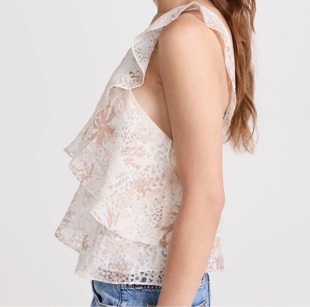 Ramy Brook Maureen One Shoulder Ruffle Top Ivory Tan Floral XS $275