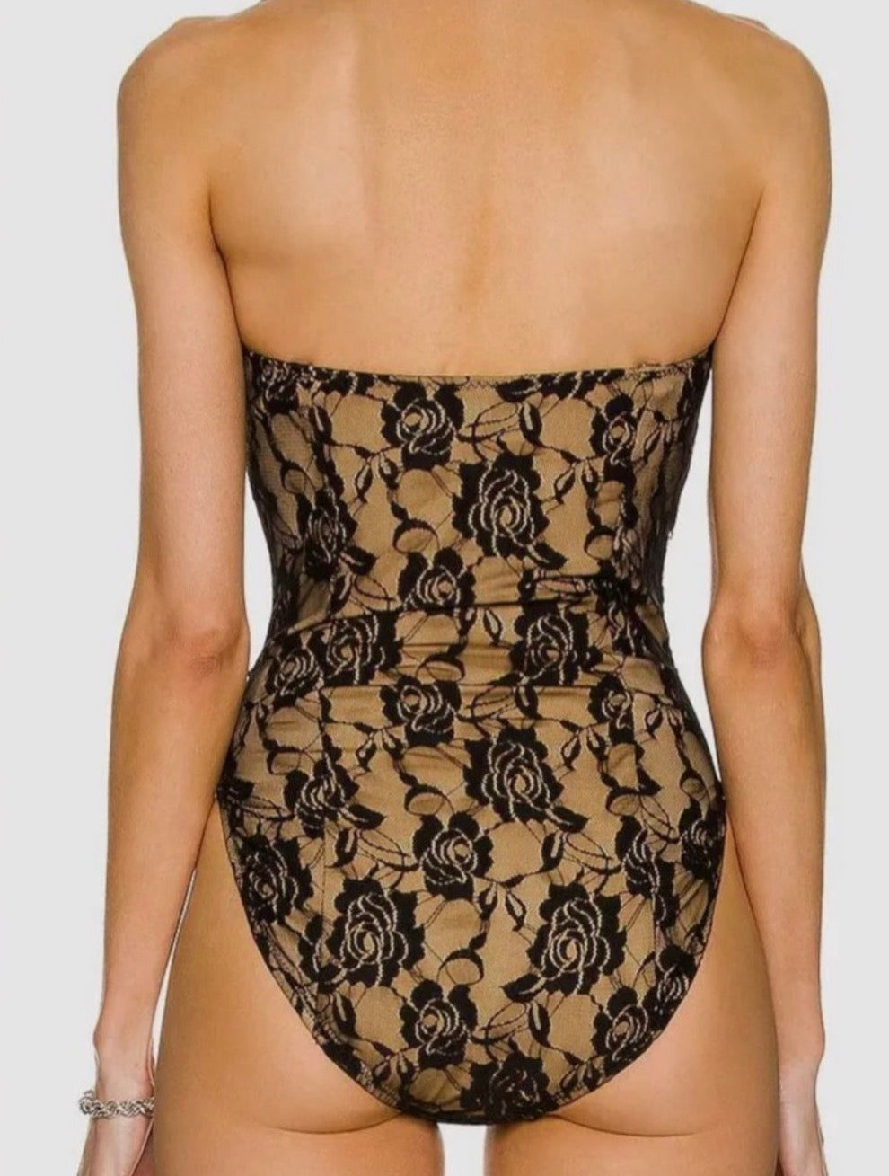 Norma Kamali Mio Corset Strapless One-Piece Swimsuit Black Rose Nude XS NWT $295