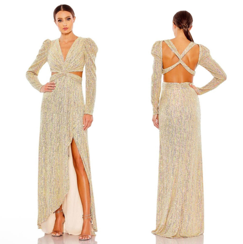 leena for Mac Duggal Metallic Puff Sleeve Front Twist Cut-Out Gown in Gold Sz 4 $298 27050