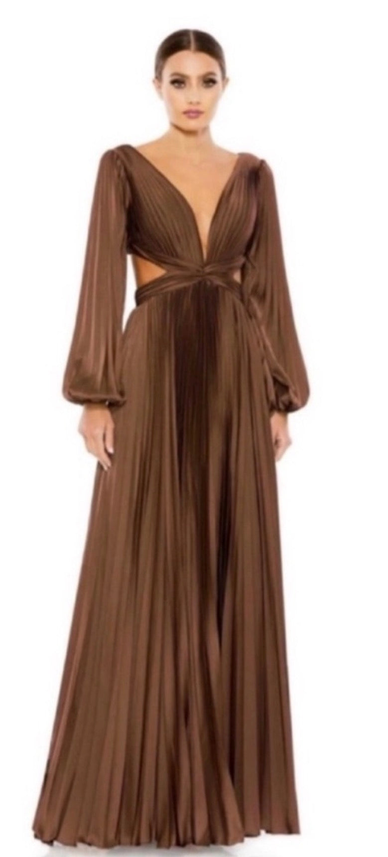Mac Duggal 26737 Espresso Pleated Charmeuse Open Back Gown Size 10