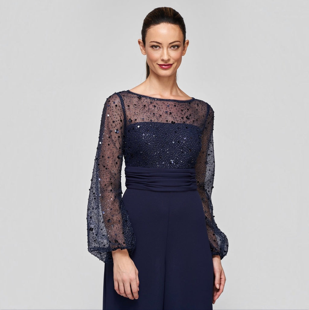 JS COLLECTIONS Raelynn Beaded Wide-Leg Jumpsuit Navy Size 16