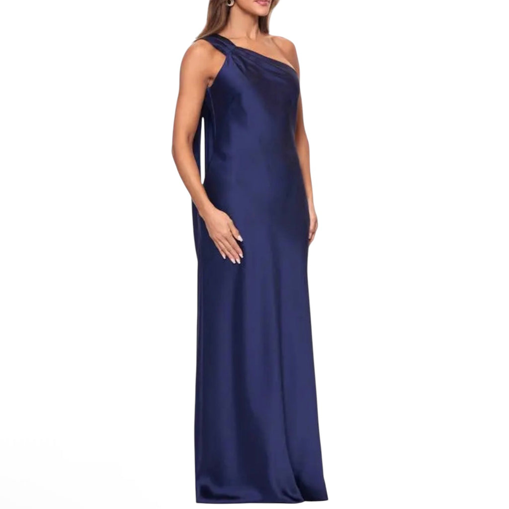 Xscape Evenings One-Shoulder Satin Gown Navy Size 16