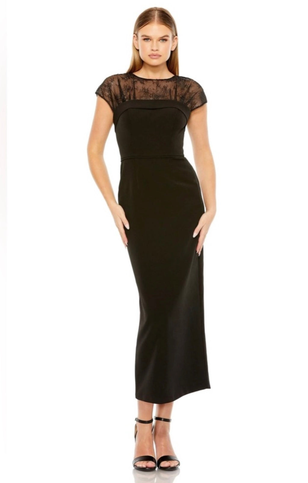 Mac Duggal 49799 Black Sheer Lace Illusion Crepe Midi Dress Sz 4 $398