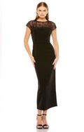 Mac Duggal 49799 Black Sheer Lace Illusion Crepe Midi Dress Sz 4 $398
