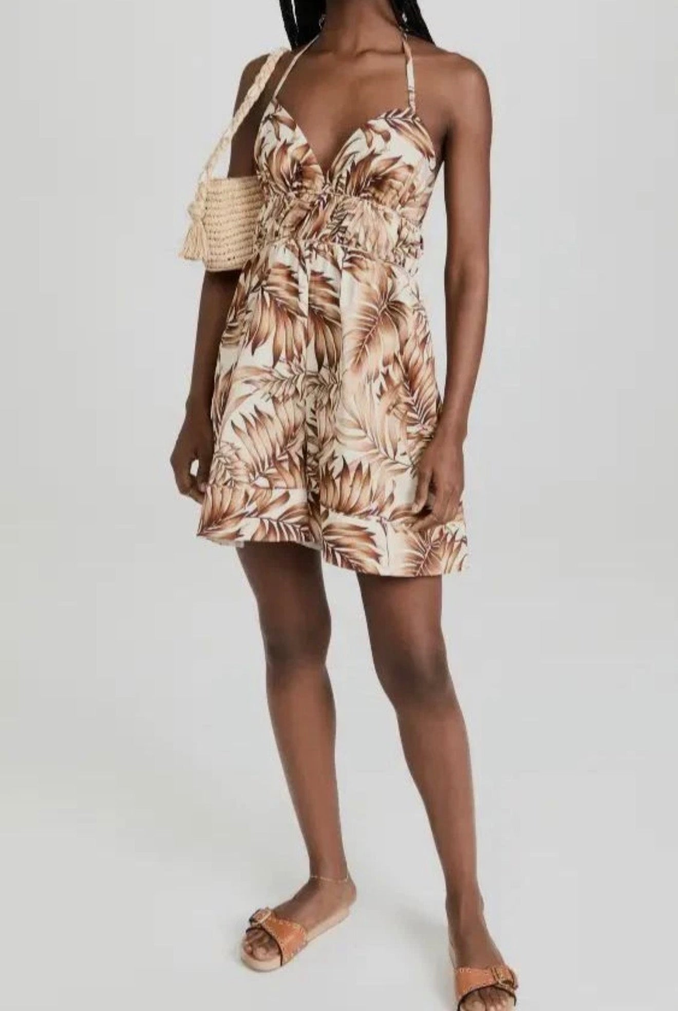 Autumn Adeigbo Karina Palm Print Halter Romper Size 2 Beige Tropical $495