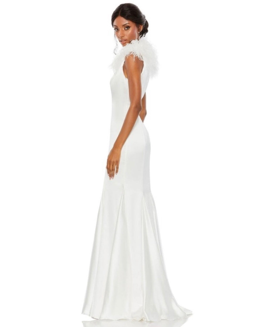 Mac Duggal #68137 Satin Feather Shoulder V-Neck Gown in White Sz 4 $798