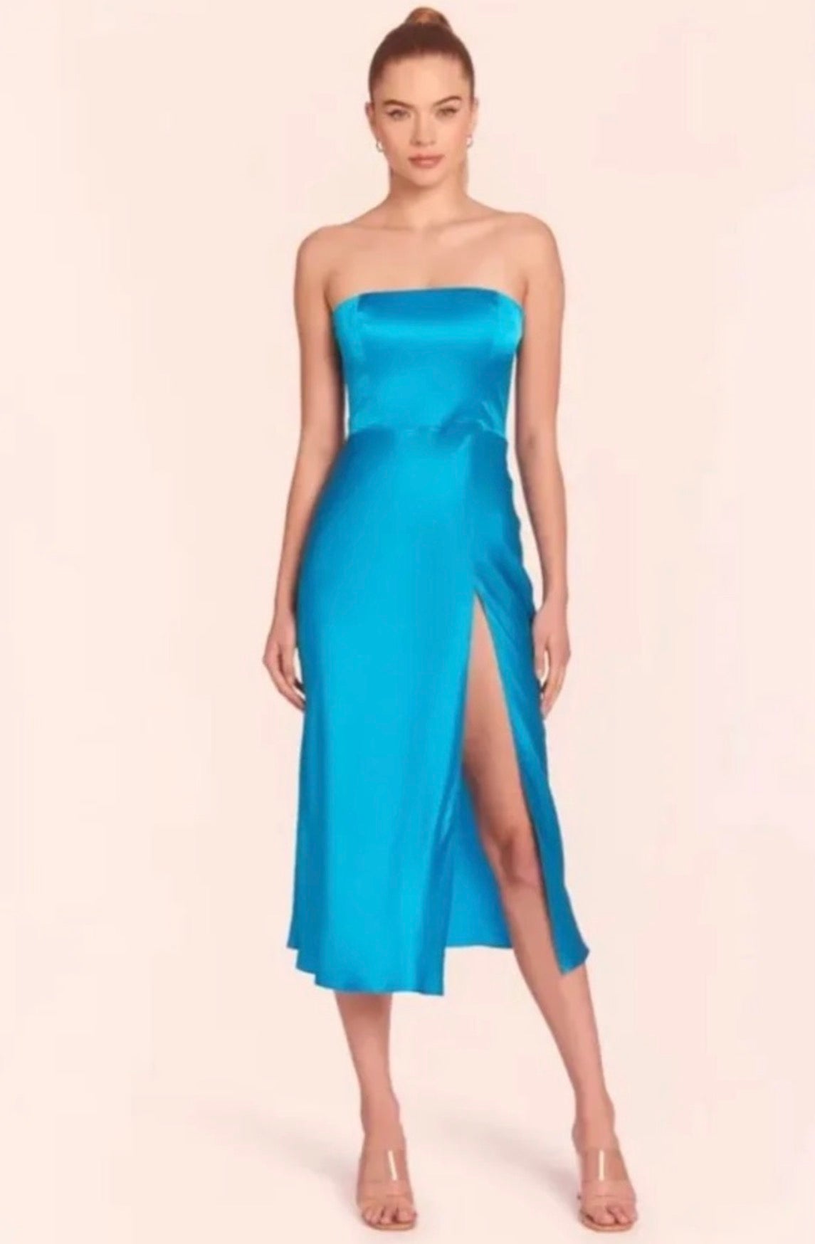 Amanda Uprichard Mandy Silk Strapless Midi Dress – Maui Blue – XS $328
