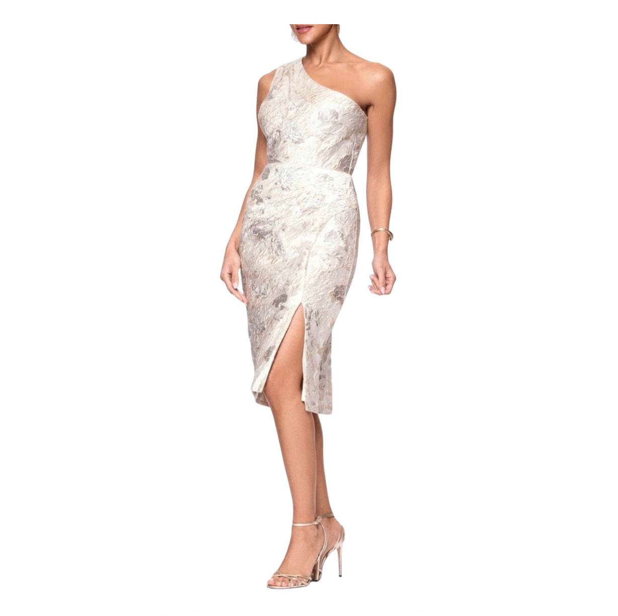 Xscape Evenings Metallic Floral Jacquard One-Shoulder Sheath Cocktail Dress in Champagne NWT Sz 10