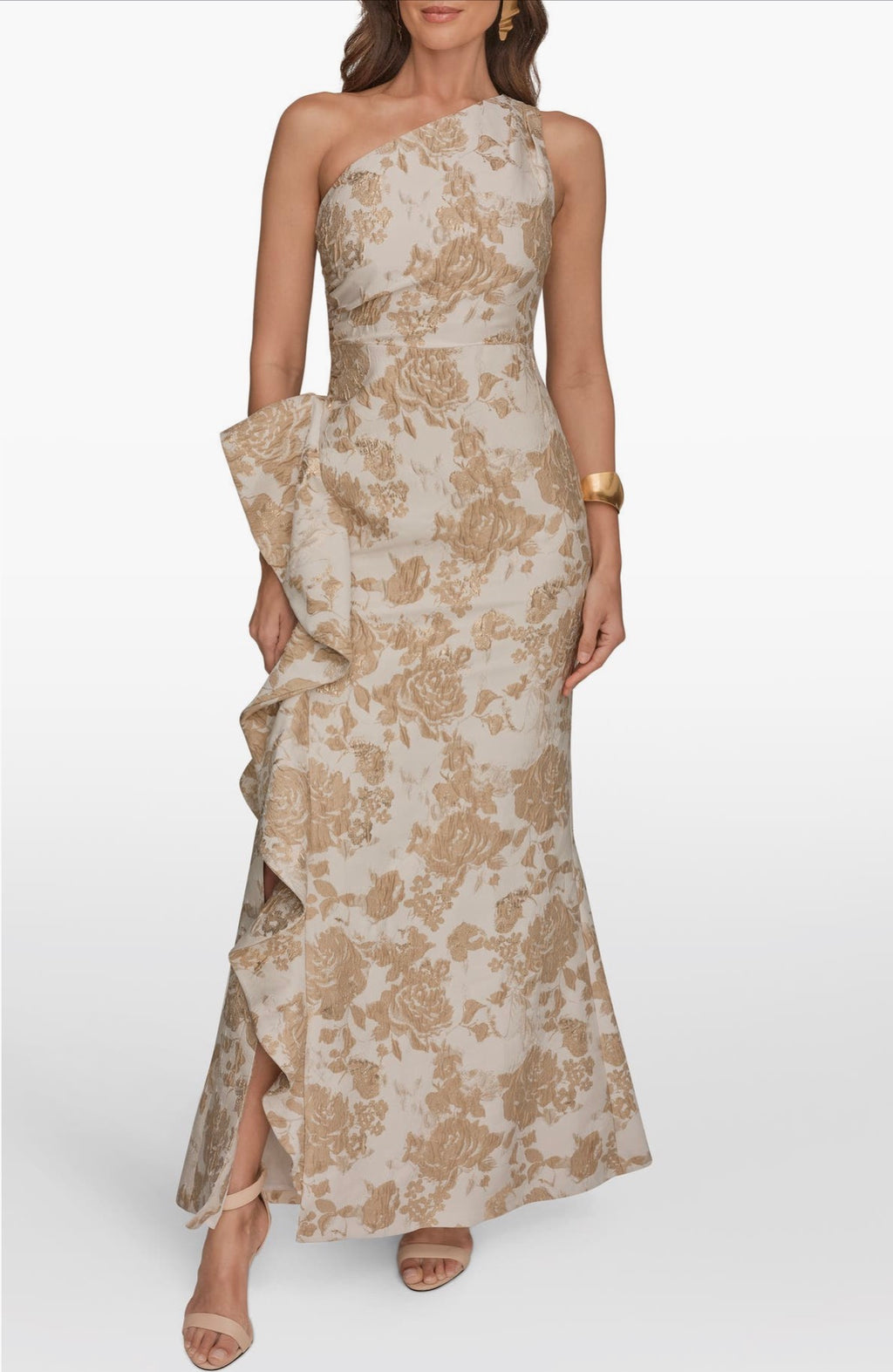 Donna Karan One Shoulder Cascading Ruffle Metallic Floral Gown Gold Size 2