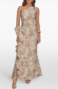 Donna Karan One Shoulder Cascading Ruffle Metallic Floral Gown Gold Size 2