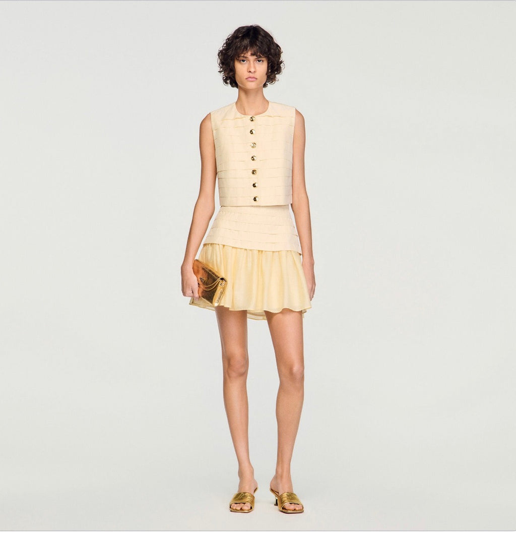 SANDRO Vanilla Pleated Crop Top & Mini Skirt Set FR 42 US 10