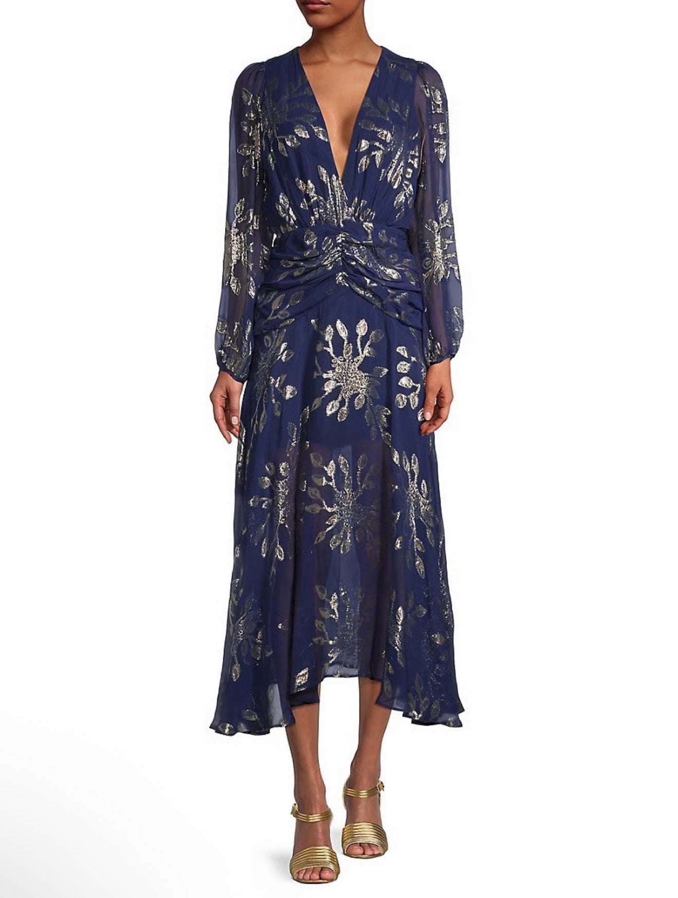 Delfi Collective Lizette Silk Dress Navy Gold Sz XS $398