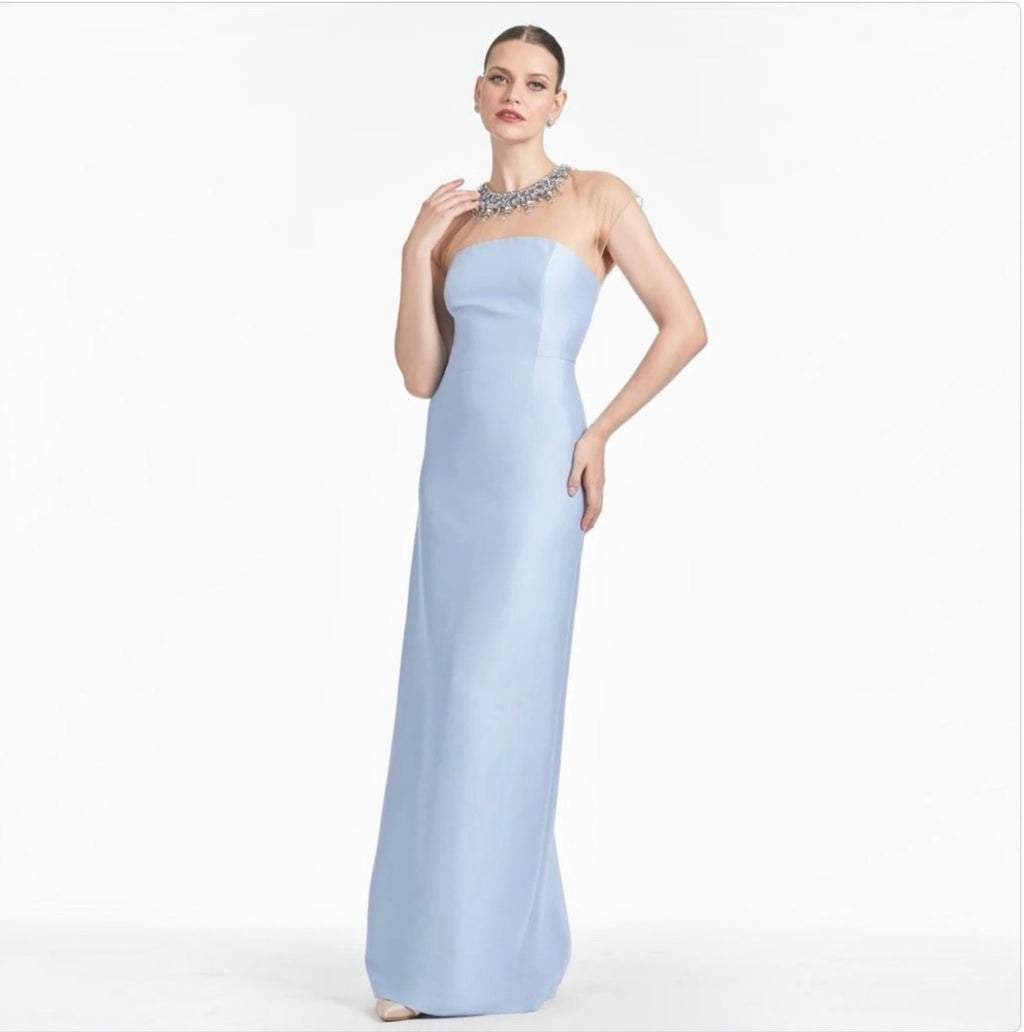 Sachin & Babi Irina Gown Glacial Blue Beaded Illusion Neck Sz 6