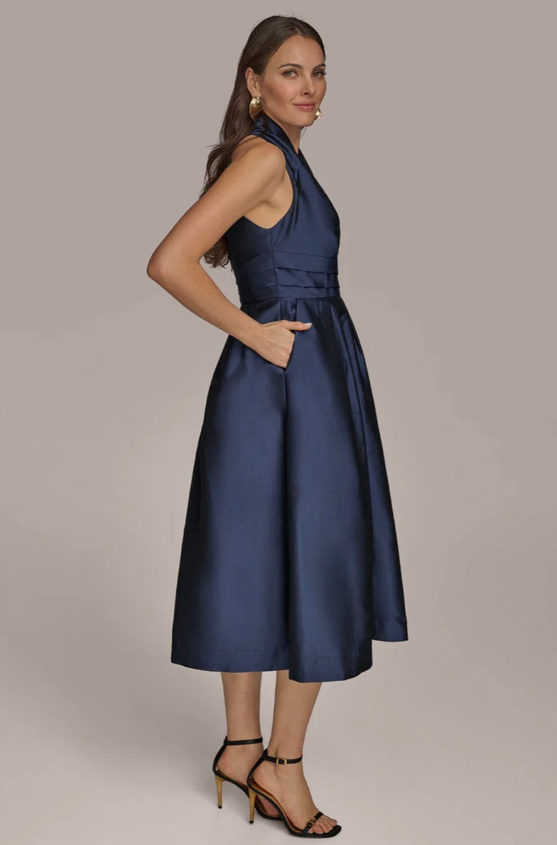 Donna Karan Sleeveless V-Neck Taffeta Midi Cocktail Dress TAFFETA BLUE  Sz 8