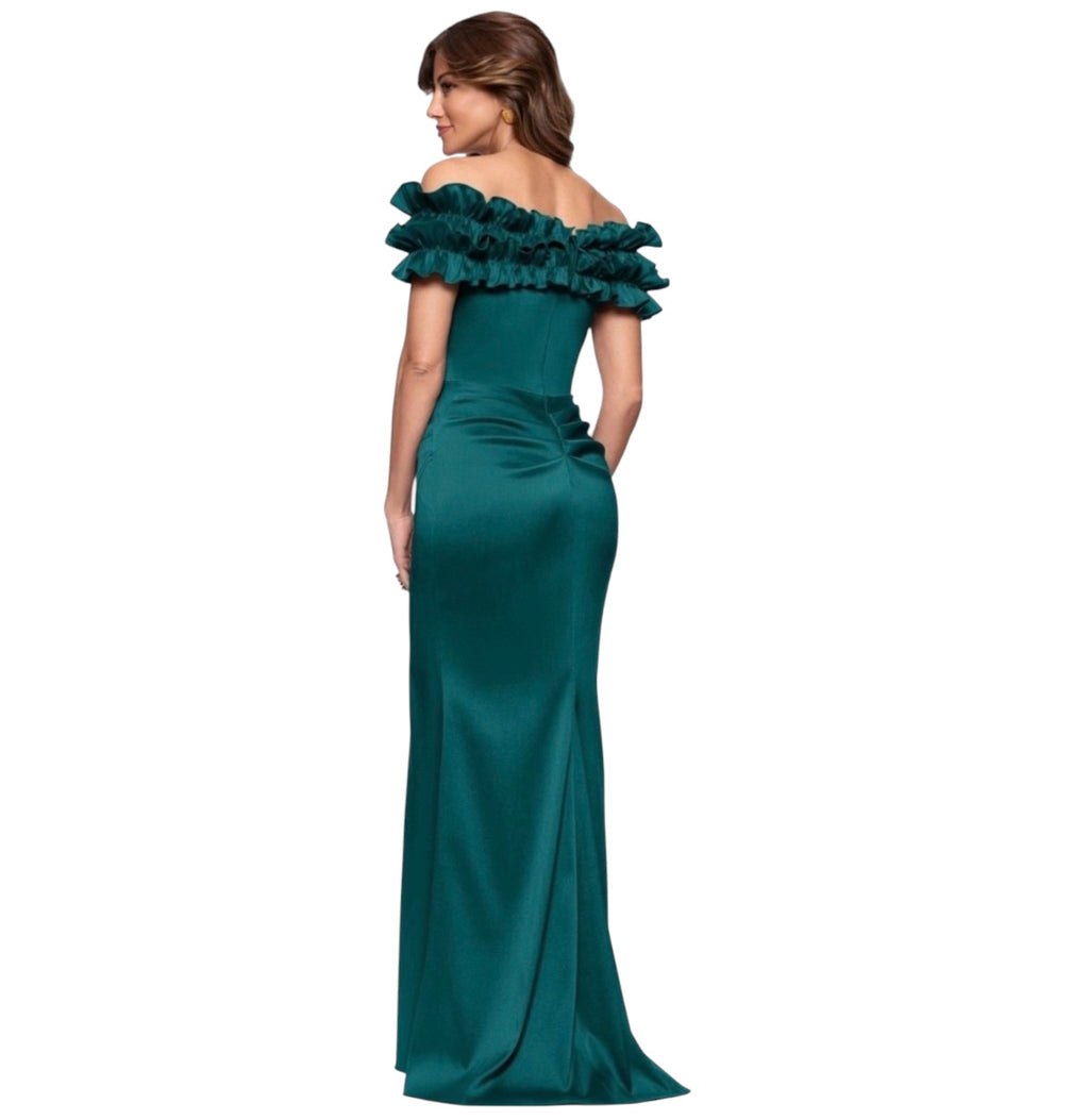 Xscape Hunter Green Off-Shoulder Ruffle Mermaid Formal Gown Size 14