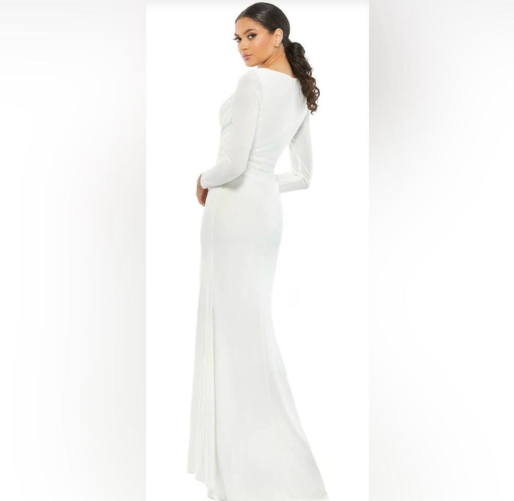 leena by Mac Duggal Long Sleeves V-neck Long Side Split Gown  White sz 0 $398 26554