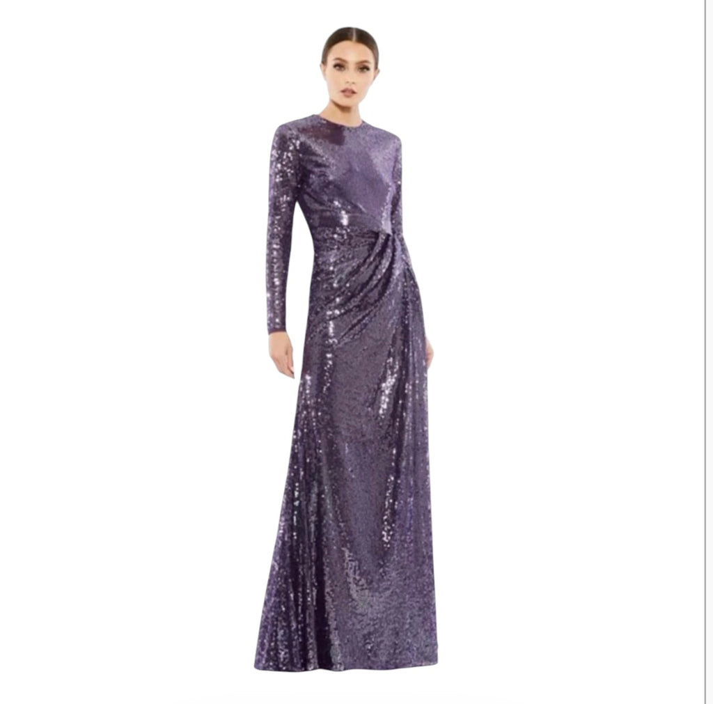Mac Duggal 10824 Sequined Long Sleeve Draped Gown Purple Amethyst Sz 2