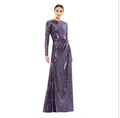 Mac Duggal 10824 Sequined Long Sleeve Draped Gown Purple Amethyst Sz 2