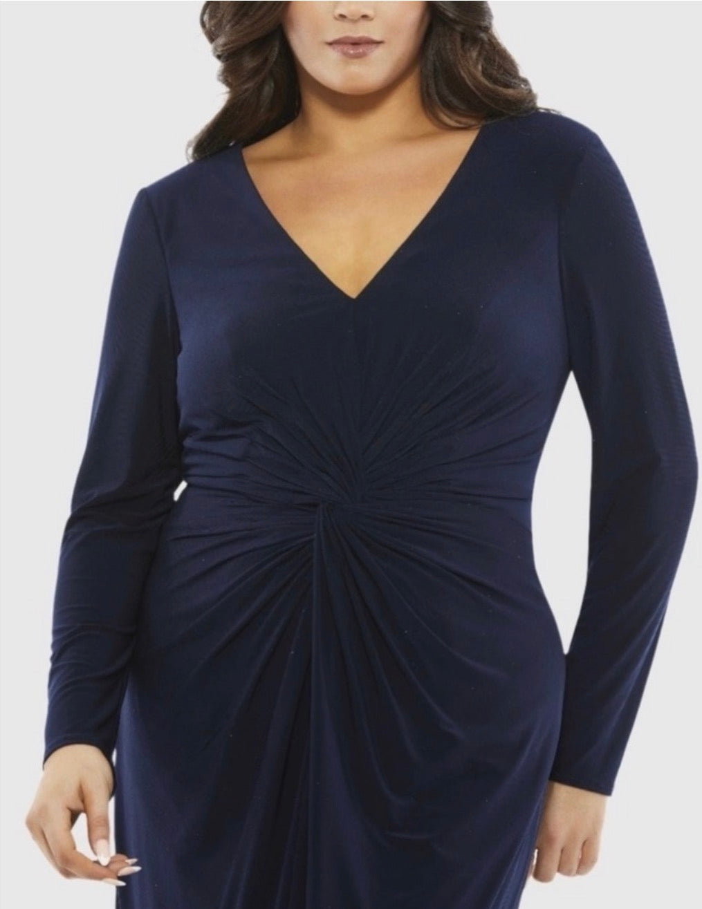 MAC DUGGAL 49504 Front Twist Long Sleeve V-Neck Gown (Plus) Midnight Blue Sz 14W $398