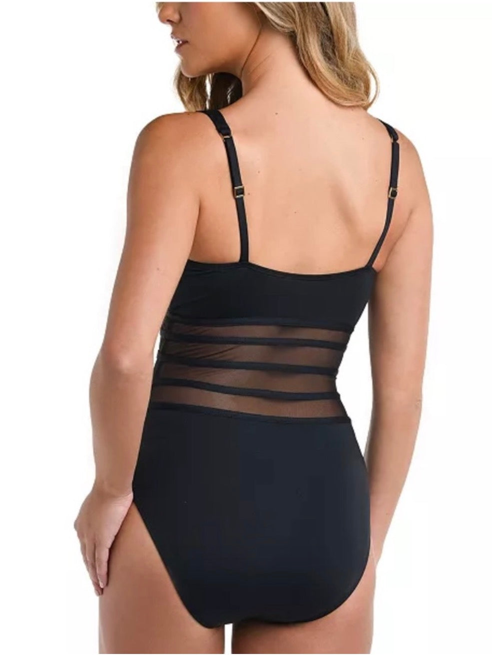 New! La Blanca Island Goddess Over the Shoulder Mesh One Piece Swimsuit Black 12