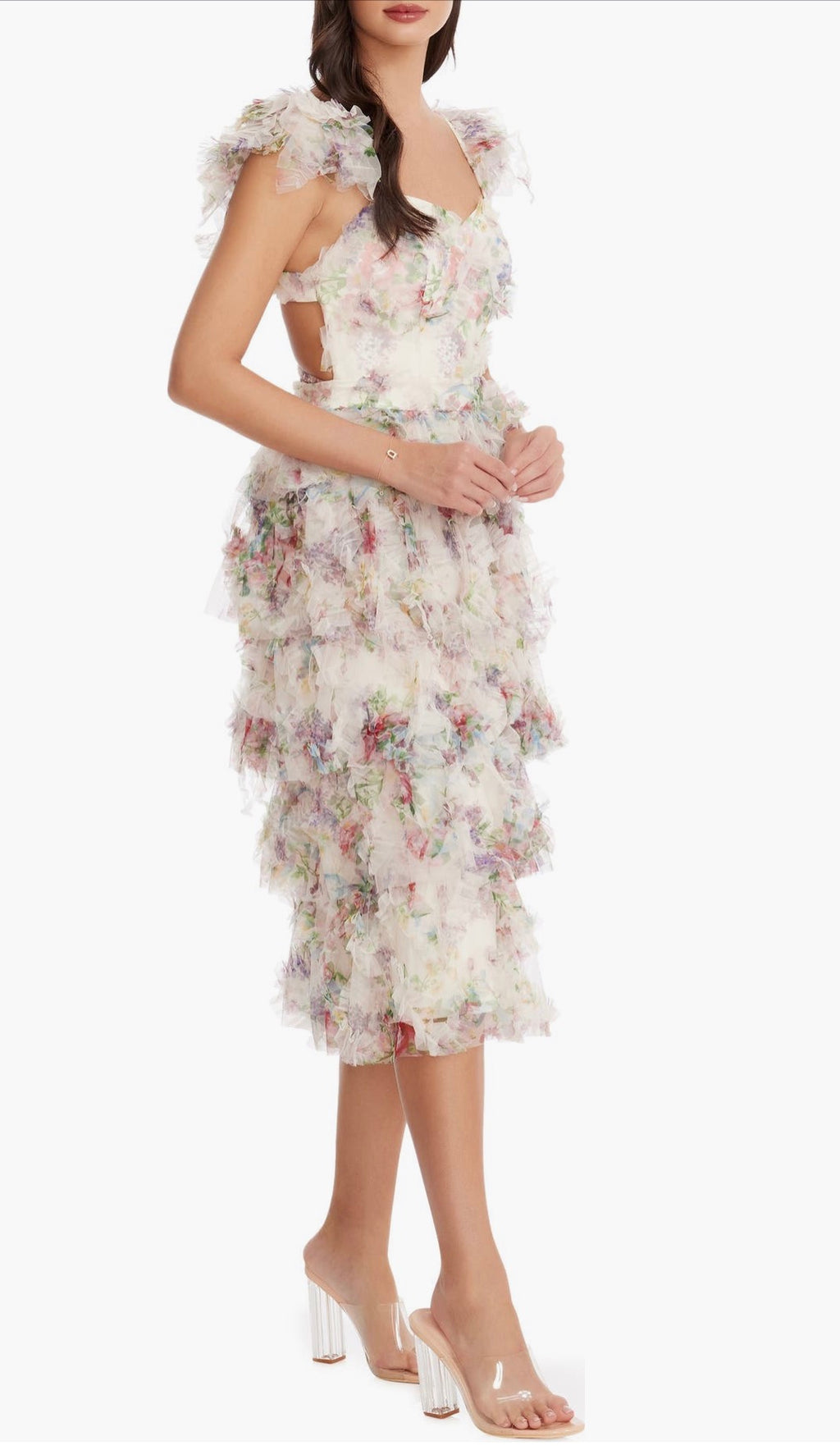 Dress the Population
Kristen Flutter Sleeve Ruffle
Tier Dress in Ivory Multi Sz Small $430