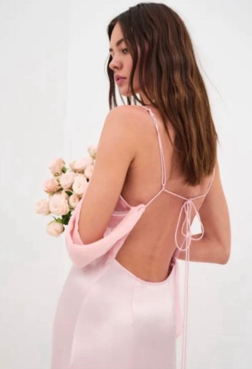 For Love & Lemons Draped Plunge Neck Asymmetric James Maxi Dress
Pink Sz Medium $460